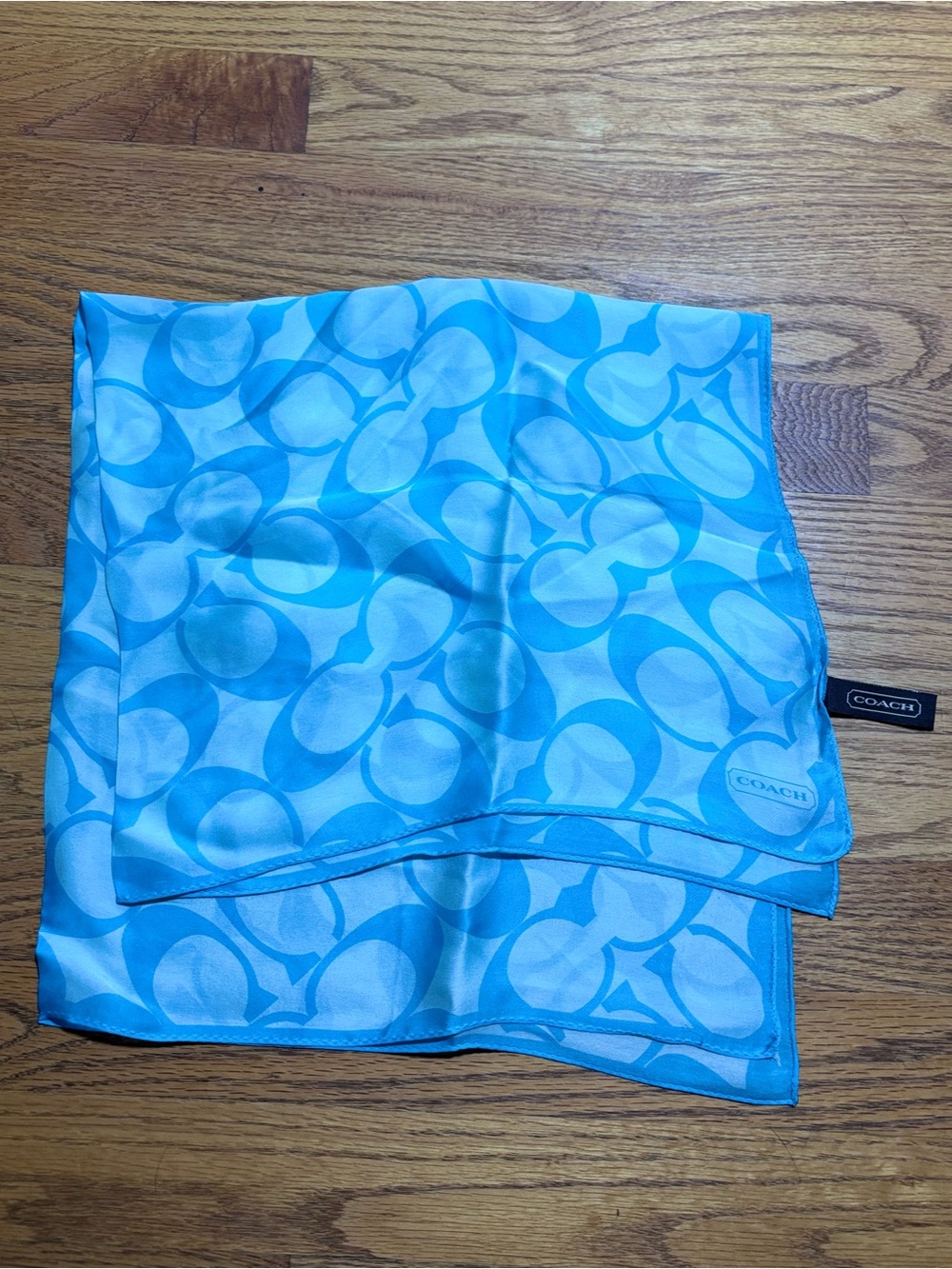 Coach Signature C Monogram Sheer Square Scarf Aqua Teal Sky Blue Chiffon